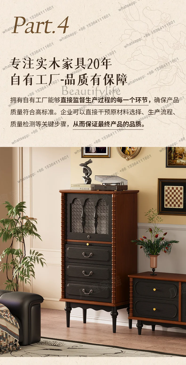 YJ Solid wood side cabinet French retro small apartment household premium three-bucket living room storage display dining side
