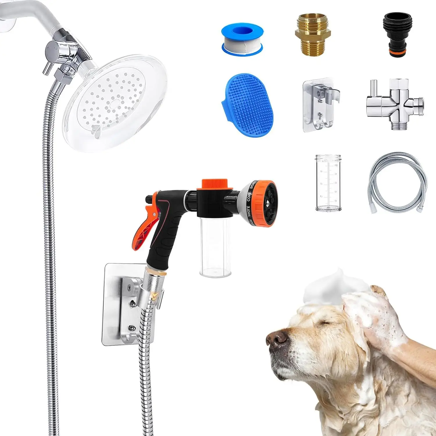 

Pup Jet Pet Bathing Cleaning Set Plastic Dog Nail Bath Brush with Spray Mode Dog Washing Hose and Soap Dispenser Bottle