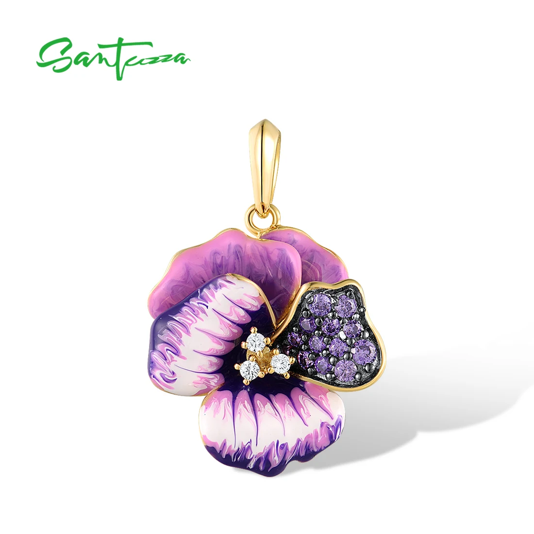 

SANTUZZA Real 925 Sterling Silver Pendant for Women Sparkling Amethyst Cubic Zirconia Enamel Flower Chic Party Gift Fine Jewelry