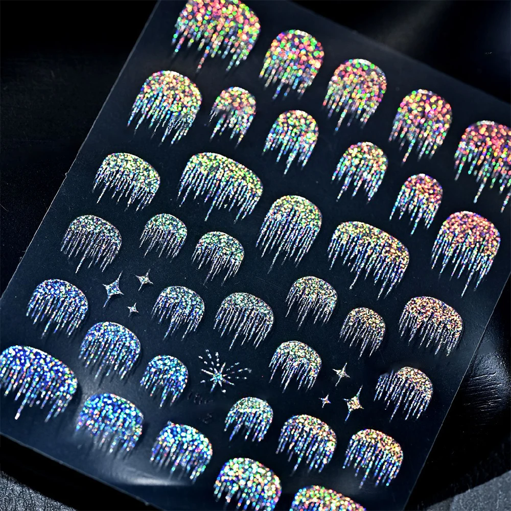 Pegatina holográfica 5D para uñas con purpurina láser, fuegos artificiales, arcoíris, línea francesa, calcomanías para uñas, borla colorida, deslizador de manicura autoadhesivo