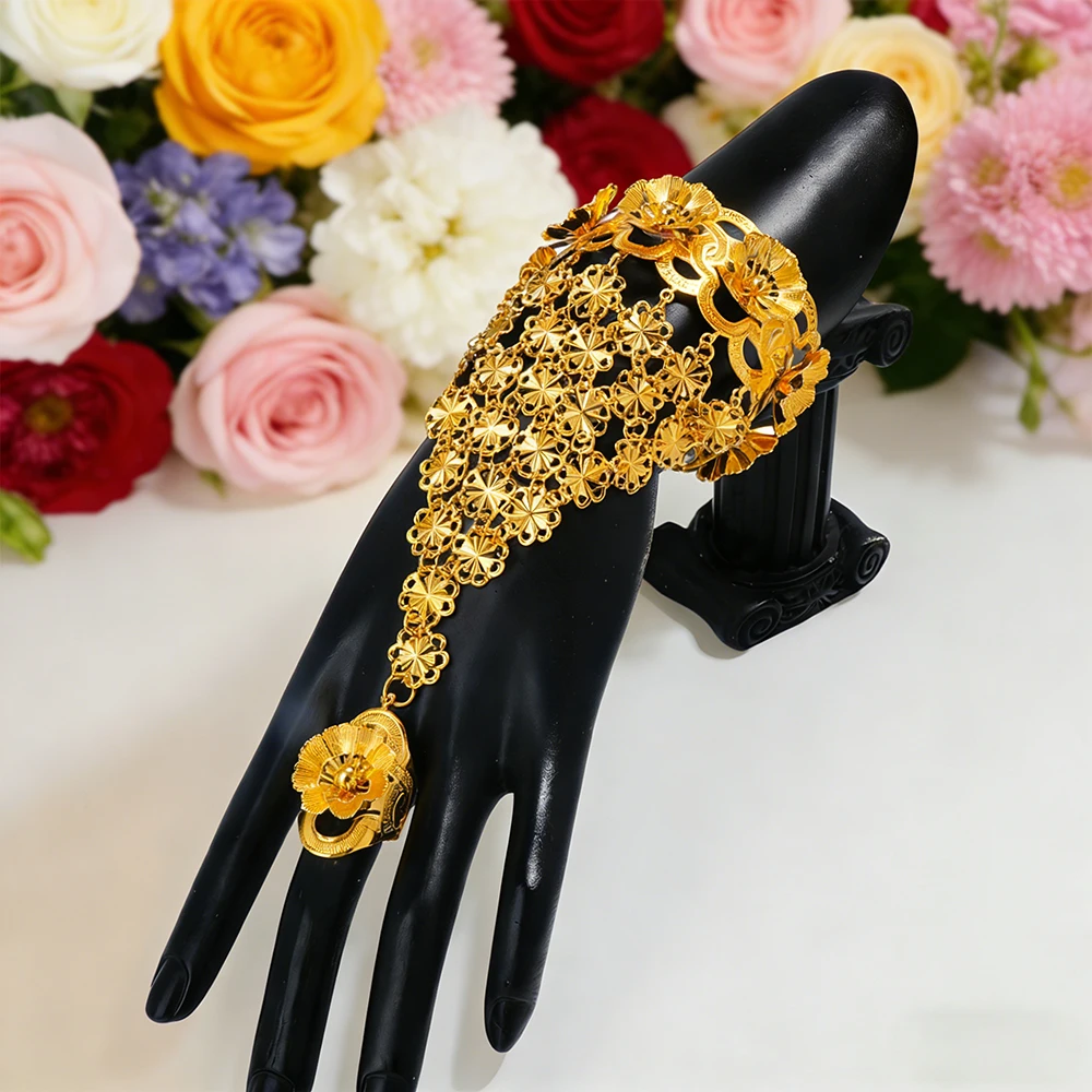 

Dubai Bangles with Ring Set Jewelry Bracelet Finger Ring Fashion African Bangle Middle East Set Luxury Gold Color Ring Party
