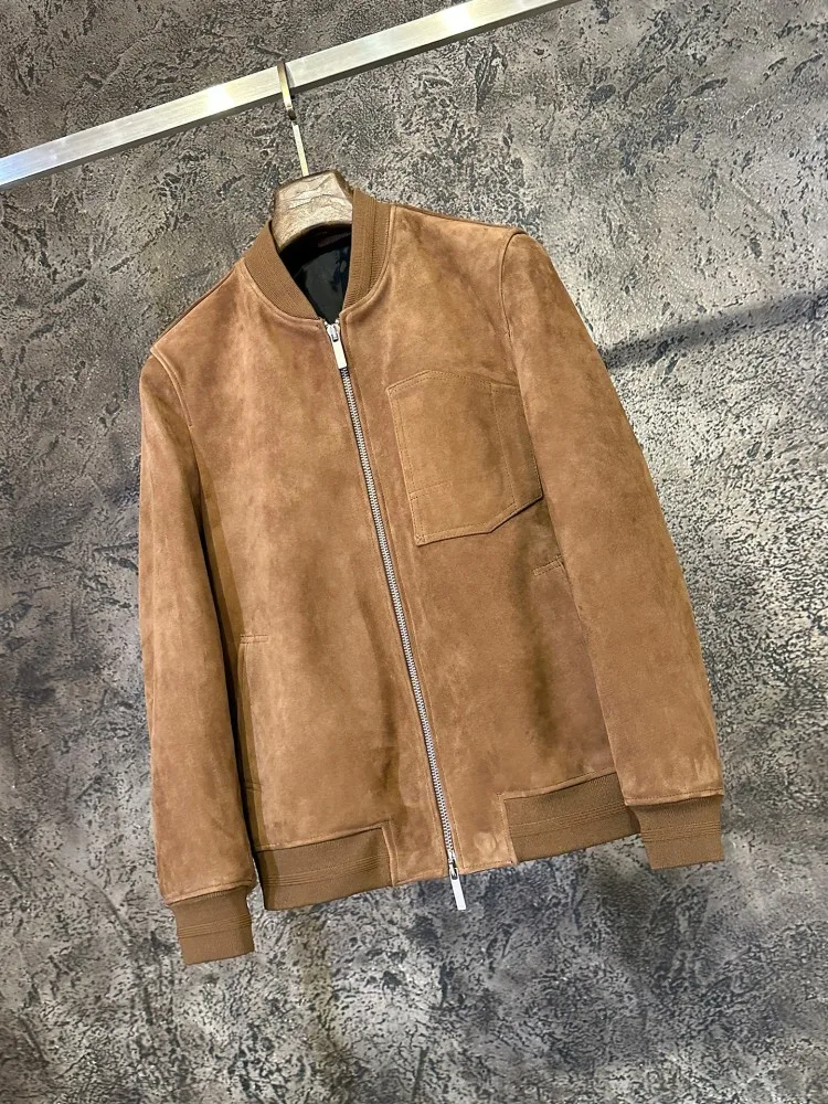 Italian Designer Luxury Mens Real Suede Leather Jacket Zipper Stand Collar Soft Natural Leather Coat Business Work Bomber Jacket
