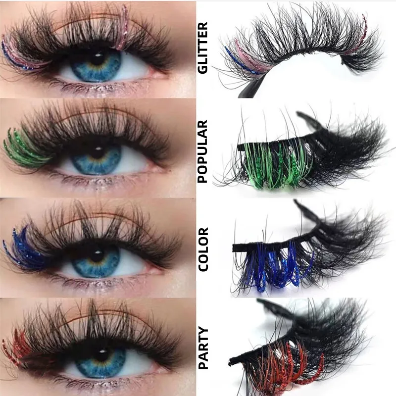 20mm/25mm Colored False Lashes Glitter Mink Eyelashes Extension 5D Pink Blue Fluffy Cruelty Free Lash red color Wholesale Makeup