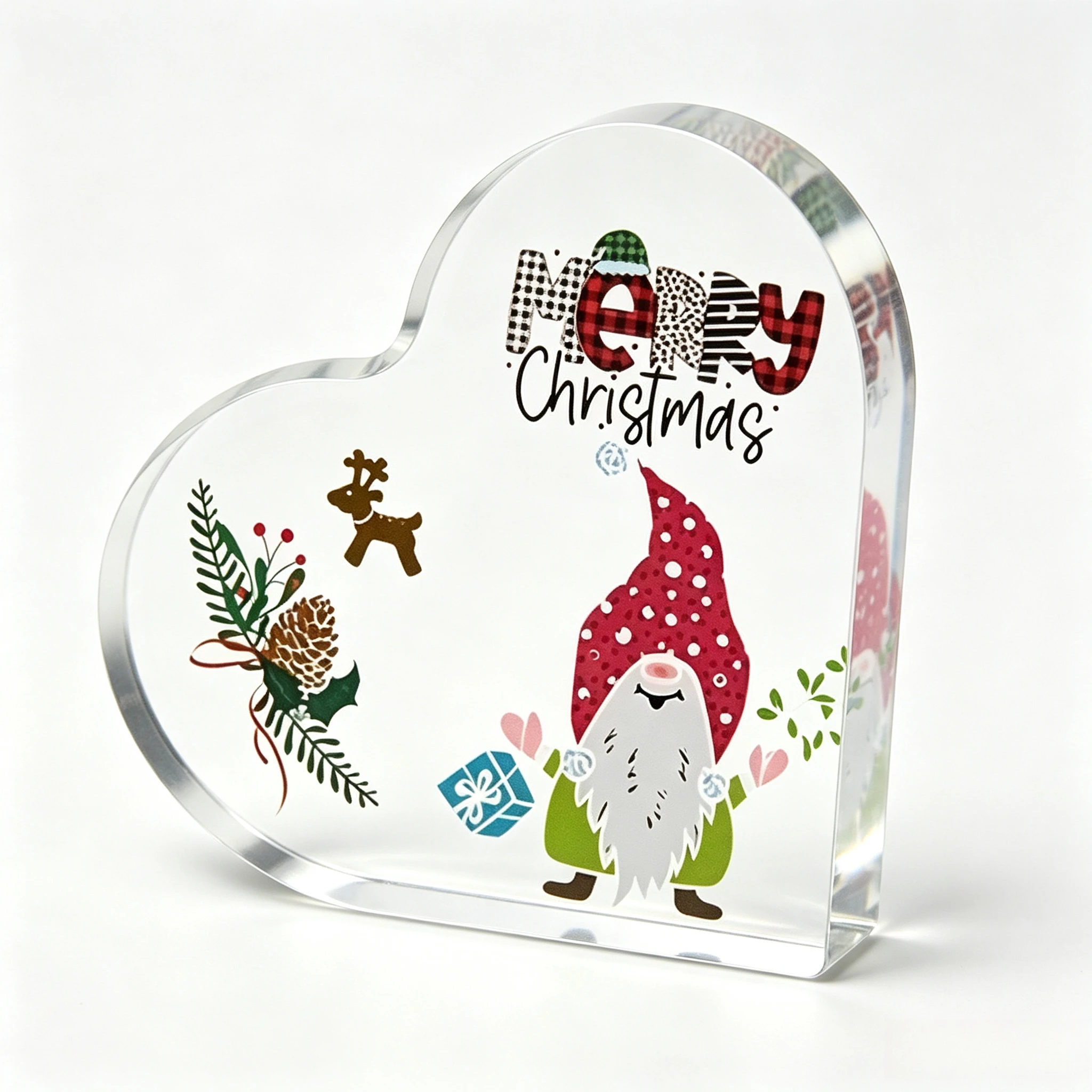 Buffalo Plaid Letter Heart Acrylic Sign, Holly Branch Gift Box Desktop Ornament,Merry Christmas Heart‑Shaped Acrylic Plaque, Gnome Reindeer Pinecone Table Decor