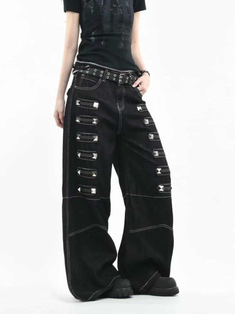 2026 American Gothic Patchwork Rivet Design Black High Street Loose Streetwear Men and Women Fashion Hip Hop Wide Leg Jeans