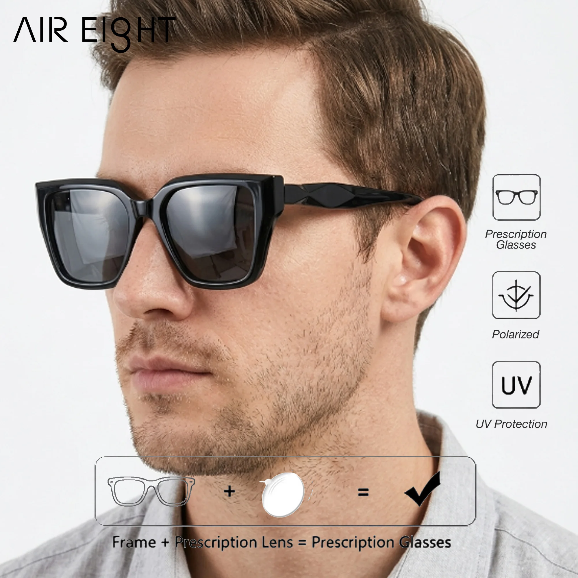 AIR EIGHT M Size Square Handmade Acetate Prescription Sunglasses For Men Polarized UV400 Classic Business Eyewear