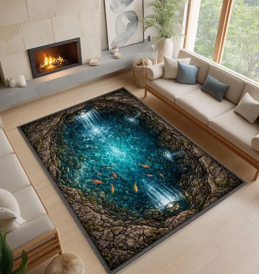 3D Waterfall Koi Fish Rug – Optical Illusion Carpet for Living Room or Bedroom Home Decor