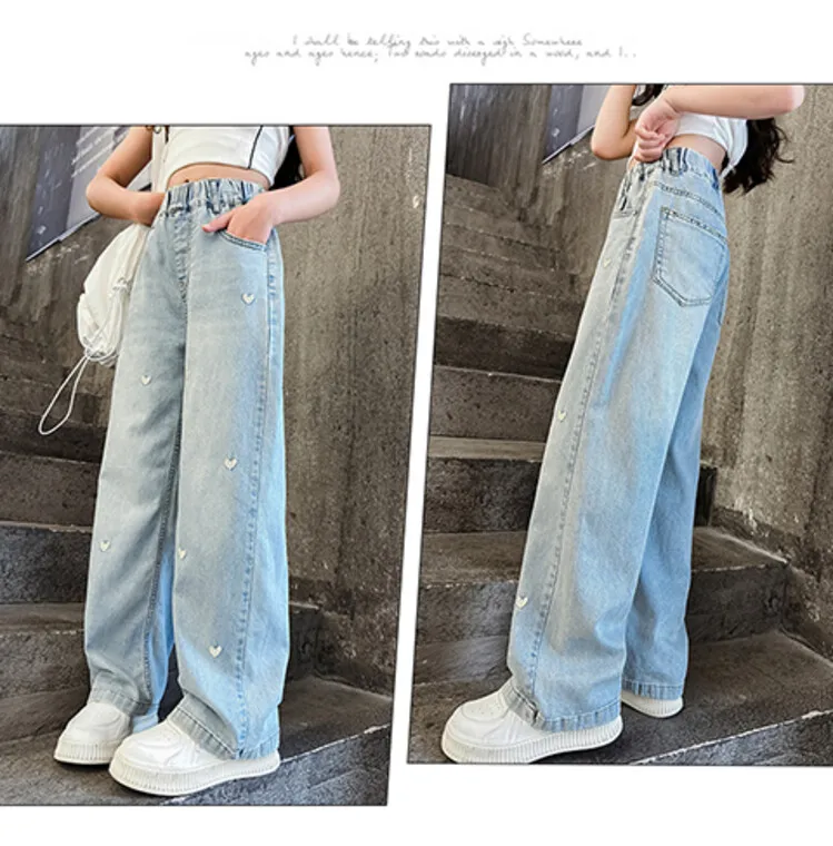 Neue Sommer-Jeans für Mädchen, leicht und atmungsaktiv, mit kleiner Herz-Stickerei, mückensichere Hose für Teenager-Mädchen im Alter von 4 bis 14 Jahren – Detail 10