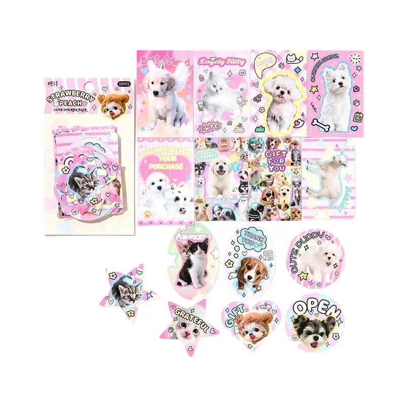 30sheet/set American Style Kawaii Sticker Cute Cartoon Puppy Cat Stationery Sticker DIY Decor Scrapbook Sticker Student Supplies