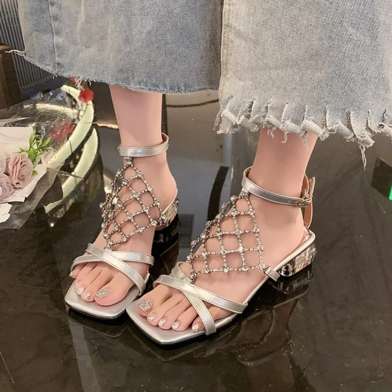 Temperament High Heels Women Summer Square Toe Open Toe Rhinestone Alien Heel Roman Sandals