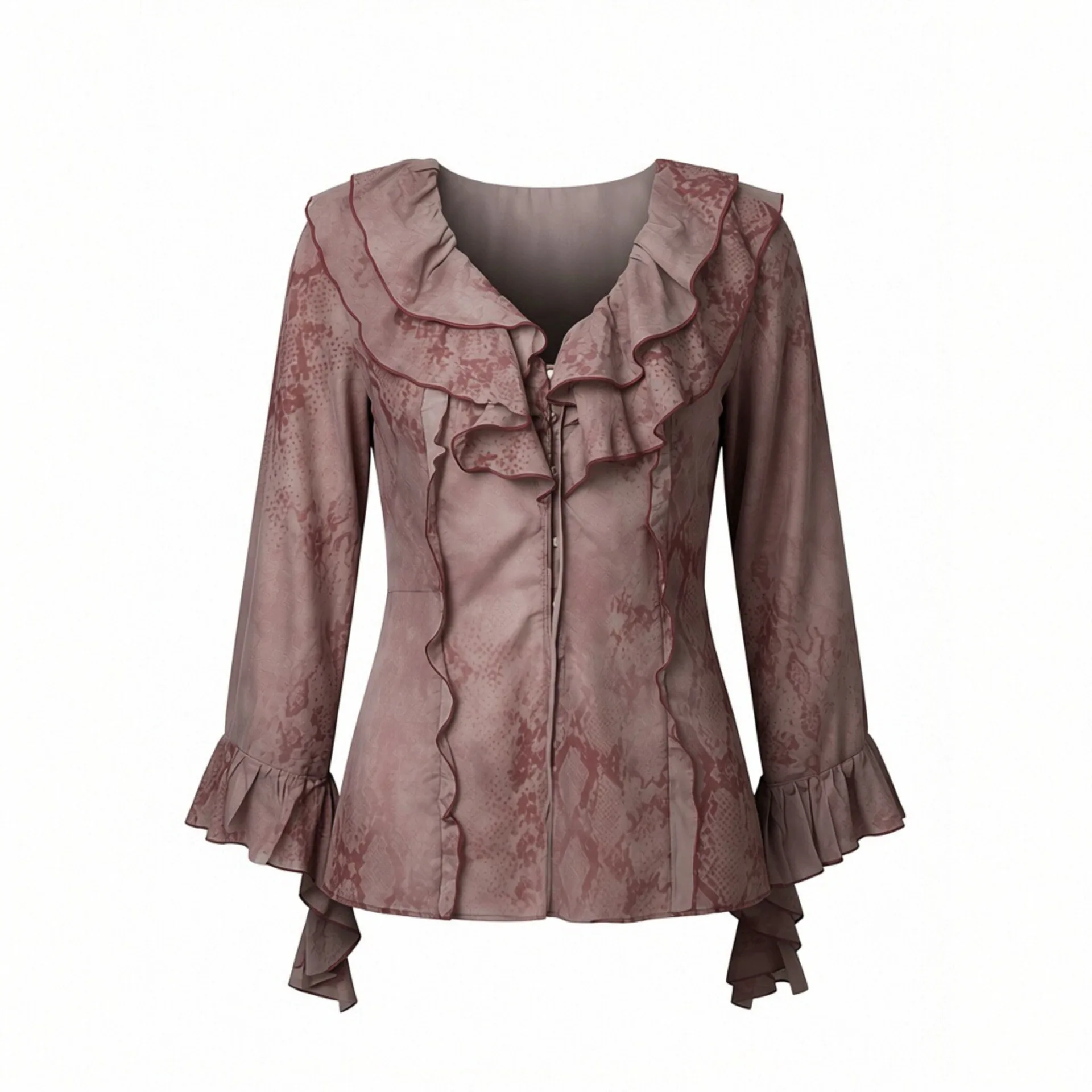 Withered European And American Style Fashionable Ruffle Edge Niche Design V-neck Printed Shirt Woman Clothes Shirts