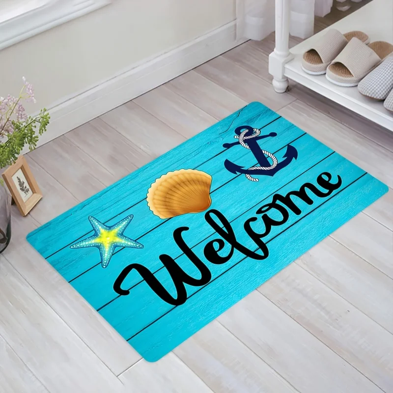 Blue Wood Anchor Seashell Welcome Print Doormat Non Slip Washable Entrance Rug Indoor Front Door Floor Mat
