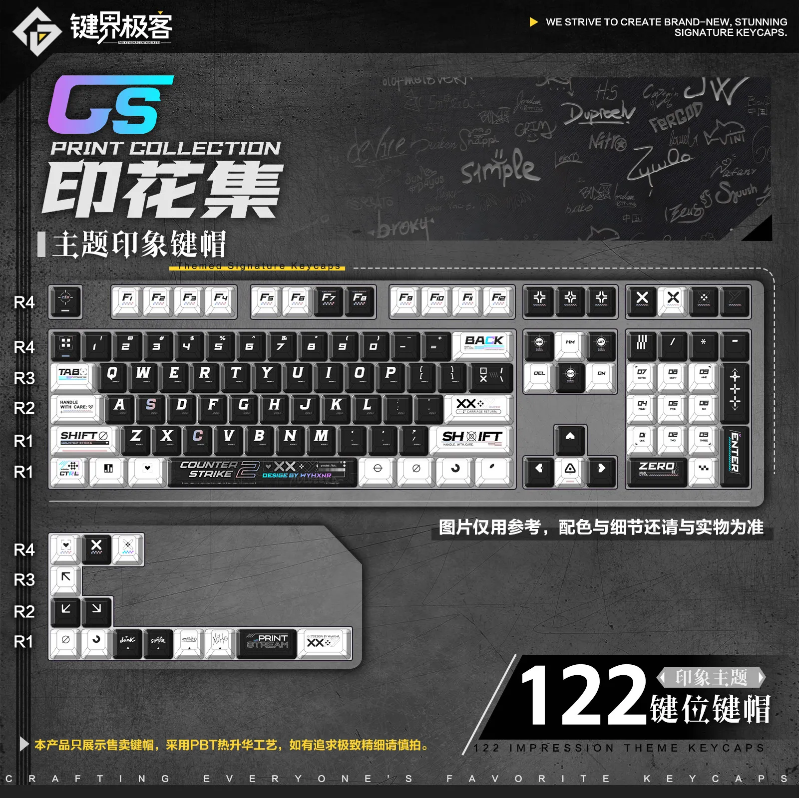 122 Keys Printing Set Keycaps Impression Cherry MOA PBT Side Engraved Dimensional Custom Game KeyCap Animation Keyboardcaps