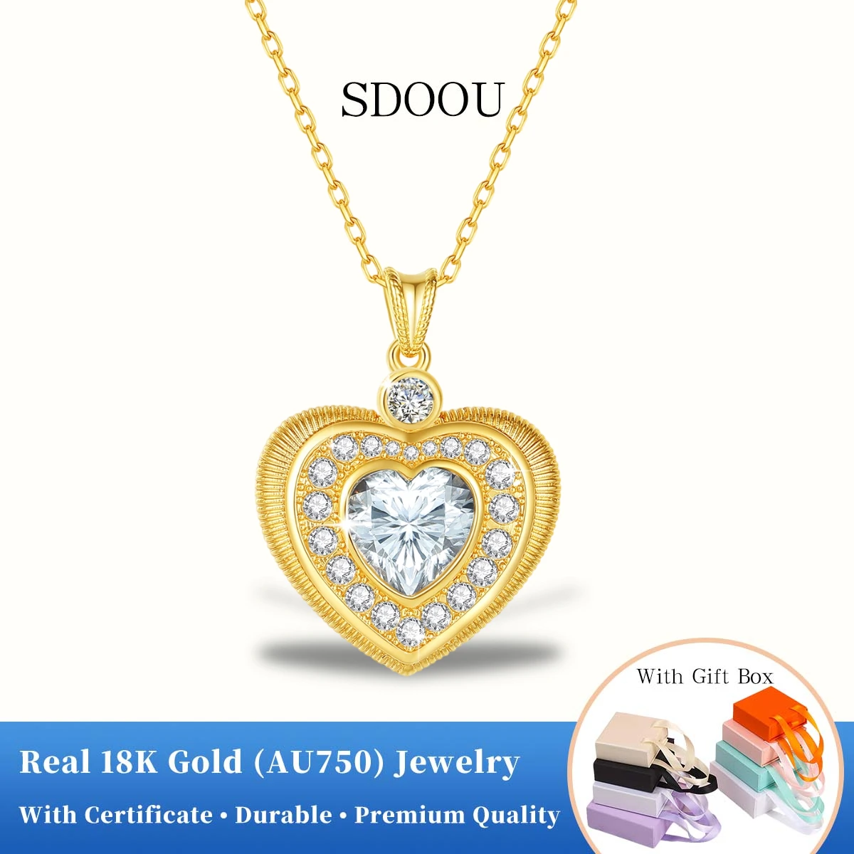 SDOOU Real 18K Gold Heart Necklace Chain AU750 Blue Evil Eye Charms Pendant Perfect Gift for Men Women Daily Wear Party Jewelry