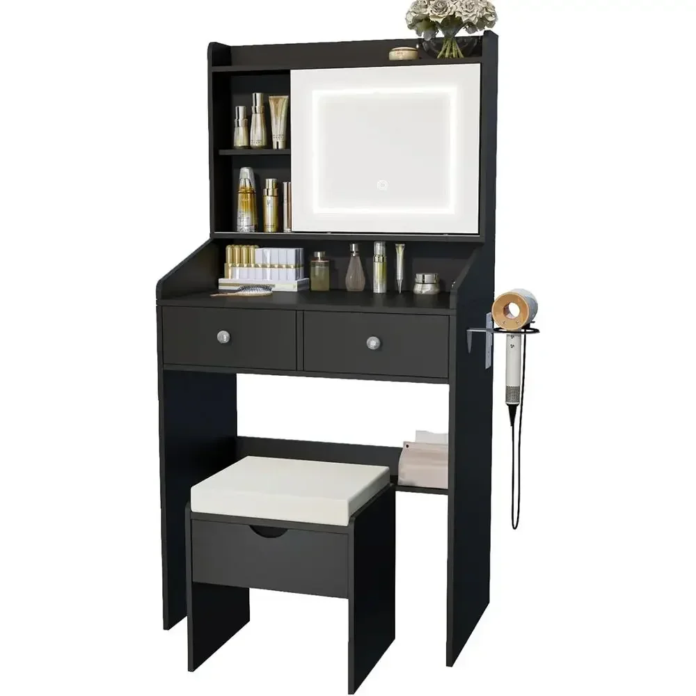 Compact Sliding Mirror Vanity Desk with Dimmable LED Lights, 2 Drawers for Bedroom Use (Black)