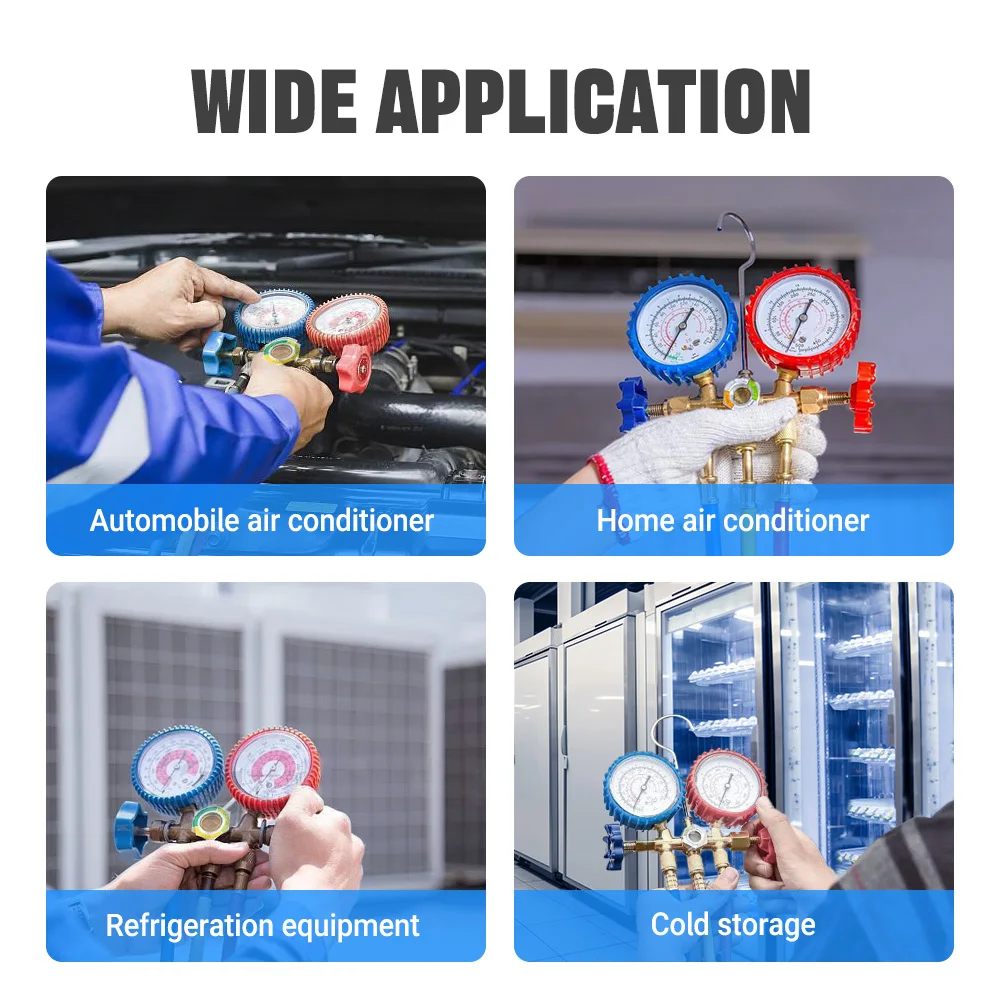 Multi-Gas Manifold Gauge Set 3-Way R12/R22/R134a/R404A With Charging Hose & Hook  For Automotive/Home Air Conditioning Service