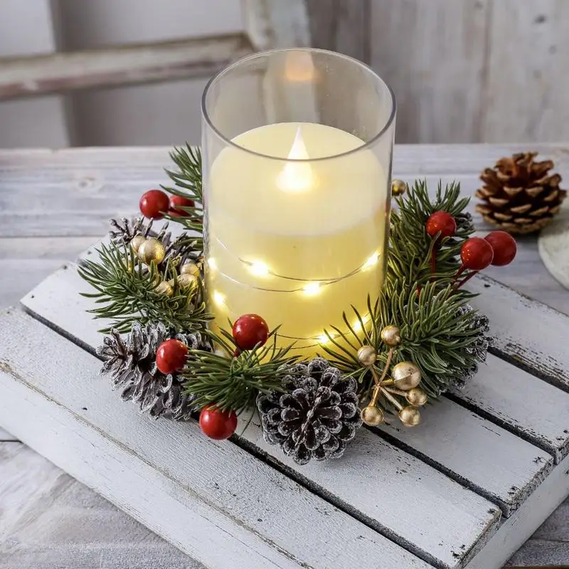 Christmas Candlestick Wreath Artificial Flowers Garland Candle Ring Xmas Table Decoration Candle Holder Wreath Xmas Home Decor