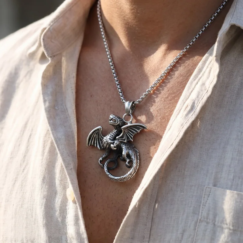 KALEN Vintage Engraved Dragon Charm Necklace Stainless Steel Mythical Creature Pendant Punk Rock Jewelry Men Women Fashion Gift