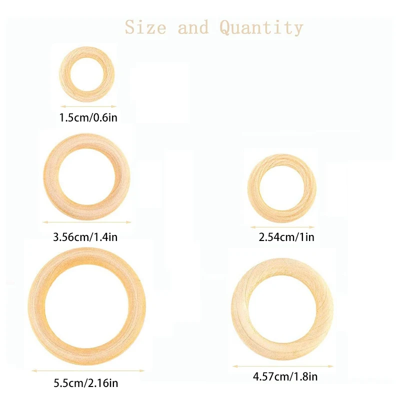 120Pcs Unfinished Wooden Rings 15-55MM Natural Wood Rings for Macrame DIY Crafts Wood Hoops Ornaments Connectors Jewelry Making