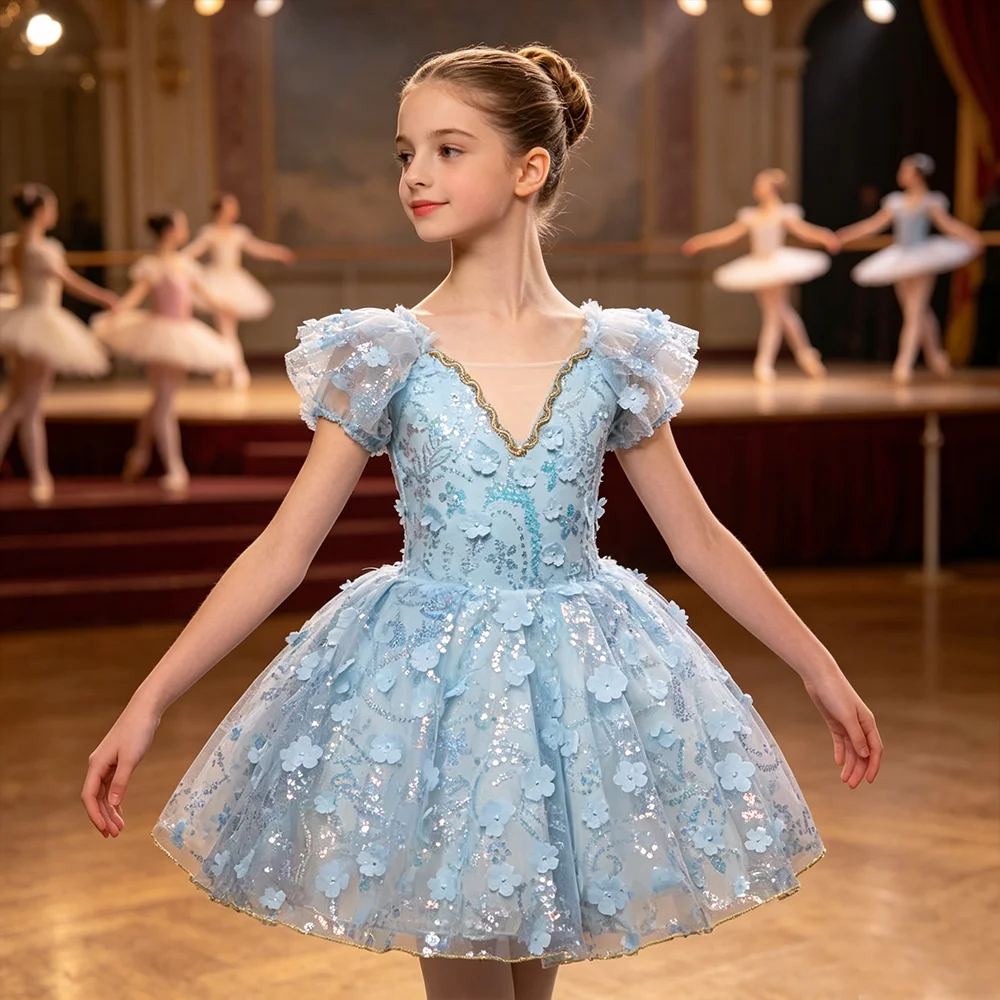 

Girls' Romantic Sequin Flower Tutu Dress with Flutter Sleeves Ballet Performance & Party Costume Blue Dance Costume