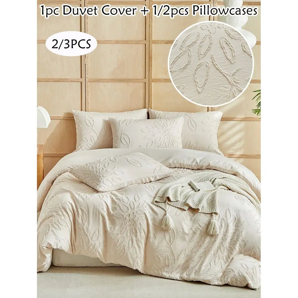 

3pcs Bohemian Style Tufted Duvet Cover Set, Khaki Vintage Floral Embroidered Bedding, Suitable For All Seasons, Soft Breathable