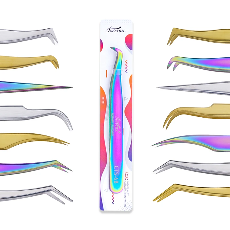 Precyzyjne pęsety do rzęs Funmix serii CTS/MTS/GTS z włókna, do przedłużania rzęs metodą graftingu, antypoślizgowe, ze stali nierdzewnej, do makijażu.