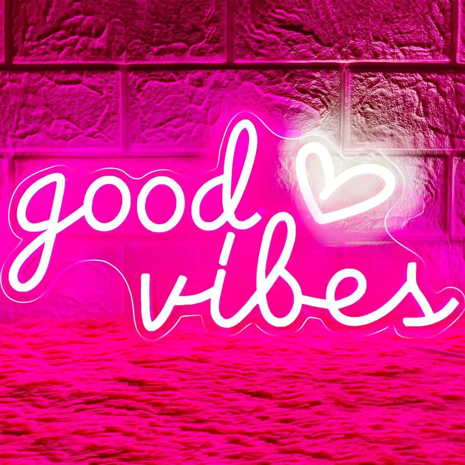

Good Vibes Neon Sign - Pink LED Wall Decor with Heart Design - 16x8in Dimmable Bedroom Light -USB Powered Motivational Quote Art