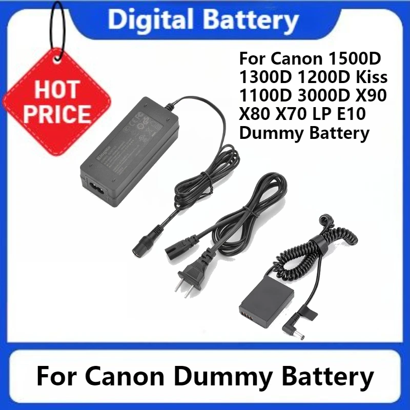 

Для Canon 1500D 1300D 1200D Kiss 1100D 3000D X90 X80 X70 LP E10 Фиктивный аккумулятор Адаптер переменного тока Соединитель постоянного тока Комплект питания