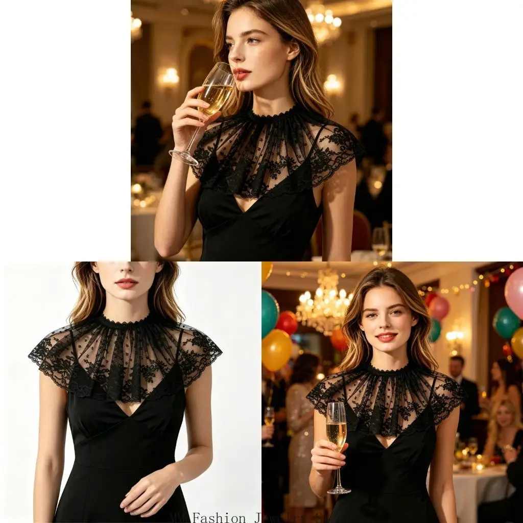 

Elegant Black Lace Detachable Shawl Collar Half Shirt For Women Fashion Apparel D0UB