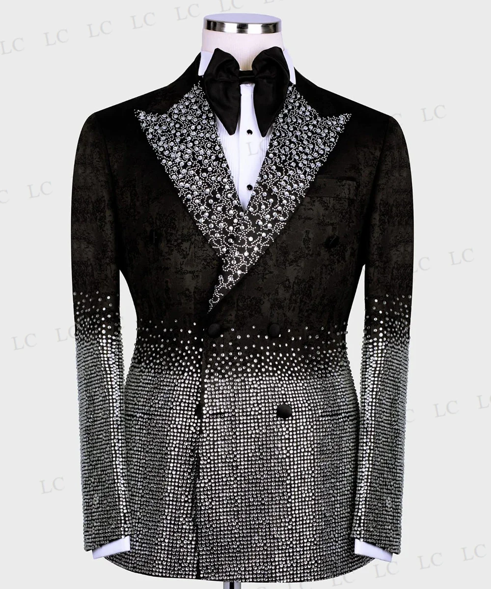 2 Pieces Design Men Suits Beads Tuxedo Blazer Pants Diamonds Slit One Button Slim Formal Prom Wedding Groom Custom Plus Size
