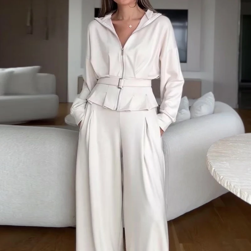New Autumn Winter Solid Color Loose Women's Suit Lapel Zipper Jacket and Wide Leg Pants 2 Piece Vintage Pocket Commuting Outfit