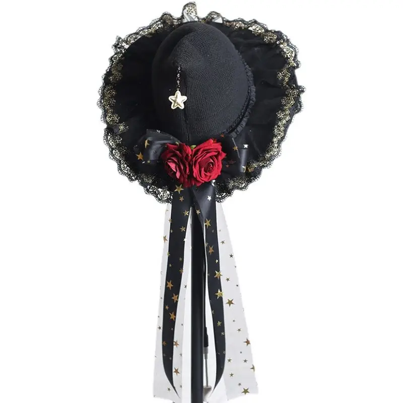 수제 로리타 블랙 할로윈 마녀 레이 시보넷 BNT 모자 별 장미 꽃 레이스 리본 BNT 헤드기어 여성 헤어 액세서리 소녀용