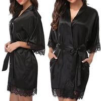 Women  Elegant Lightweight Black Satin Robe with Delicate Lace Trim Perfect for Lounging Sleepwear or Bridesmaids - Image 2