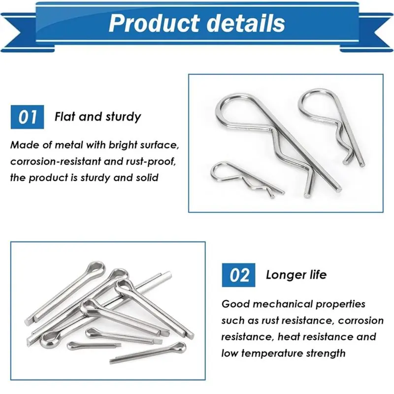 M11K-Cotter Pin Kit,220PCS Heavy Duty 304 Stainless Steel 13 Sizes R Clips Hairpin Split Pin Assortment Set