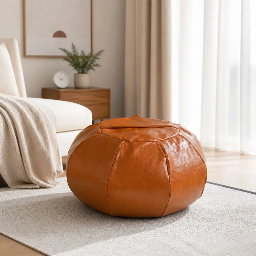 New PU Leather Ottoman Pouf Foldable Pumpkin Shape Storage Ottoman Fillable Round Pouf Cover Multipurpose Storage