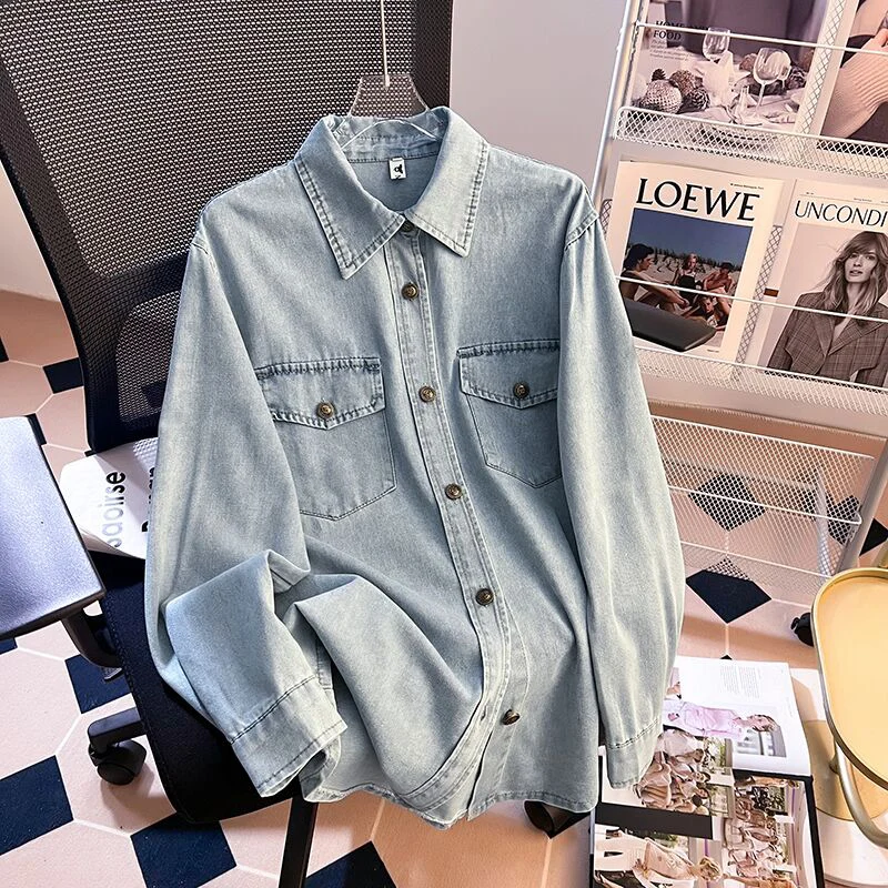 Retro Lapel Denim Shirts For Women Spring Autumn Trend Versatile Single Breasted Tops Female Casual Long Sleeved Blue Coats