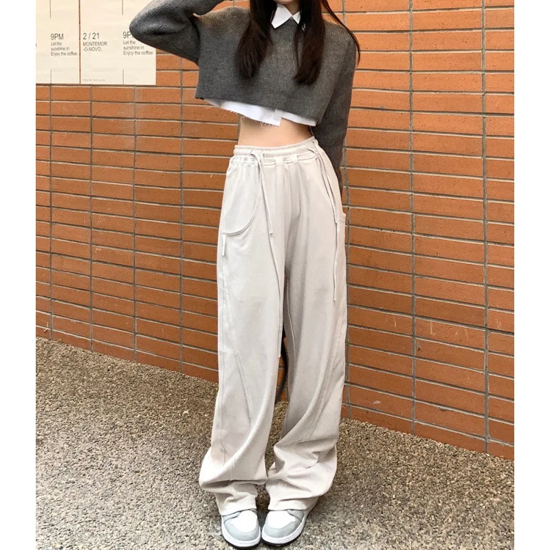 

Fashion street style loose casual wide leg pants women autumn winter lace-up elastic waist sports pants mopping pants