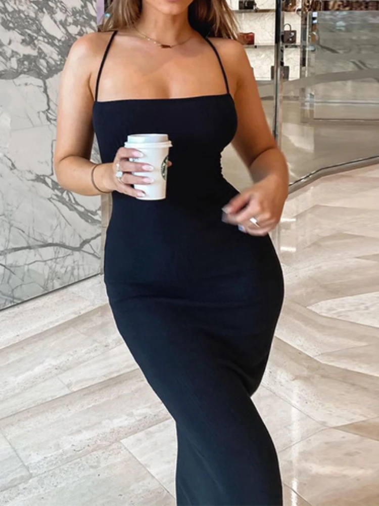 Vestido largo sexi de punto acanalado con espalda descubierta y vendaje cruzado para mujer, vestido largo ajustado con tirantes finos, Vestidos elegantes para fiesta y discoteca