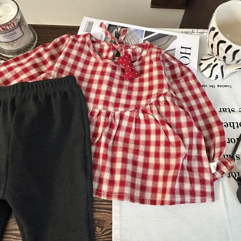 

Children's Clothing2025New Autumn Girls' Red Plaid Doll Shirt Children's Stylish Gray Flared Pants Two-Piece Set