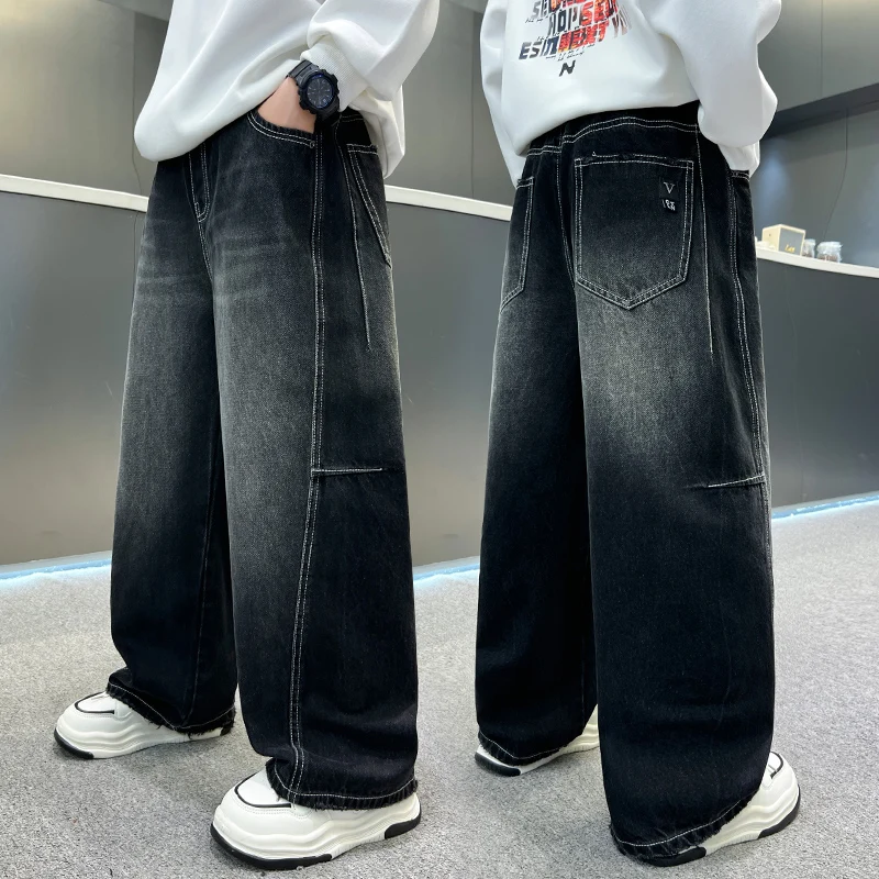 

Spring Fall Children Loose Straight Distressed Jeans Trousers for Tween Boys Age 5 To 14 Years Kids Casual Black Denim Pants