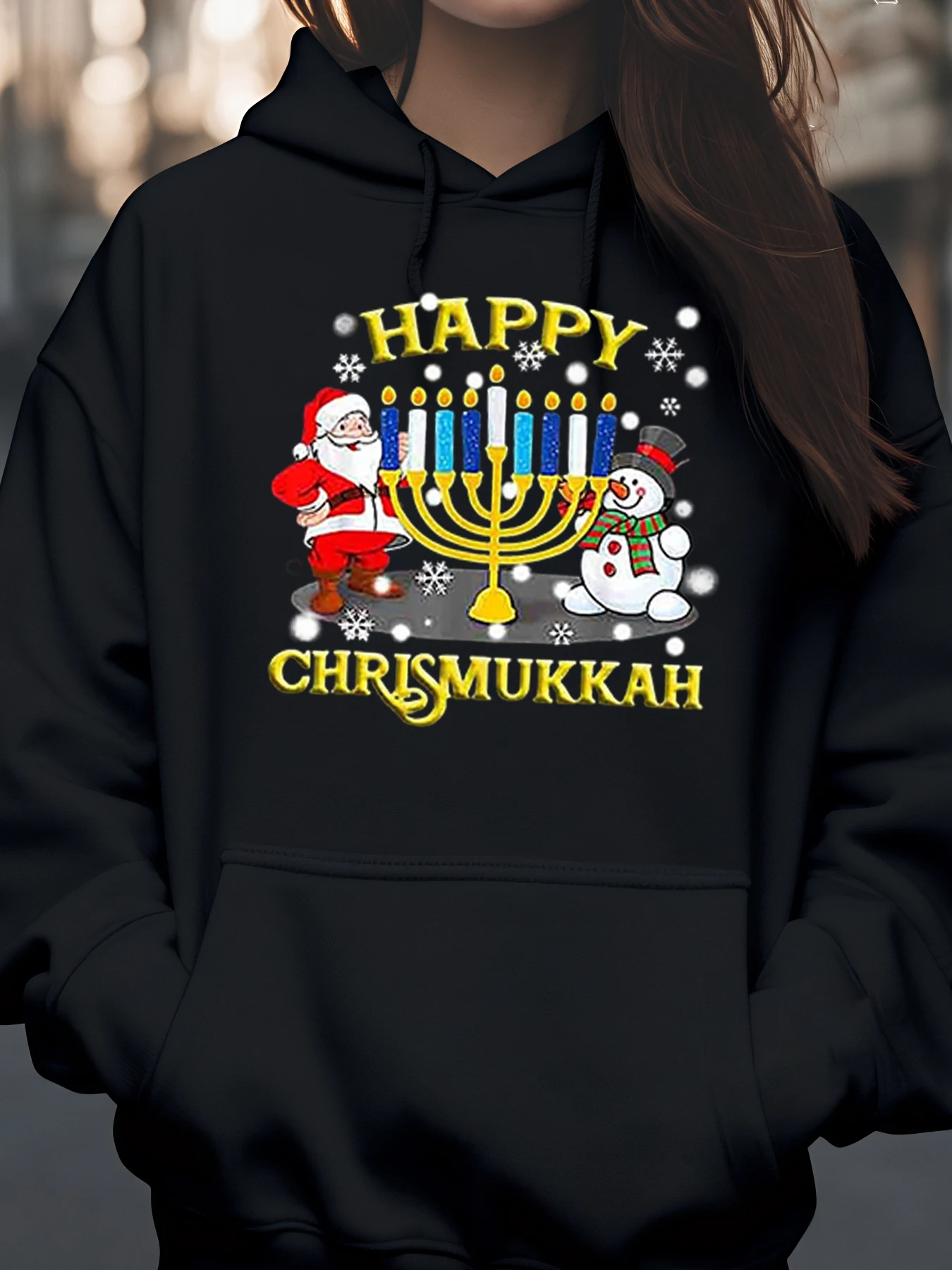 

Happy Chrismukkah Santa and Snowman Menorah Print Hoodie Christmas Holiday Casual Wear Unisex
