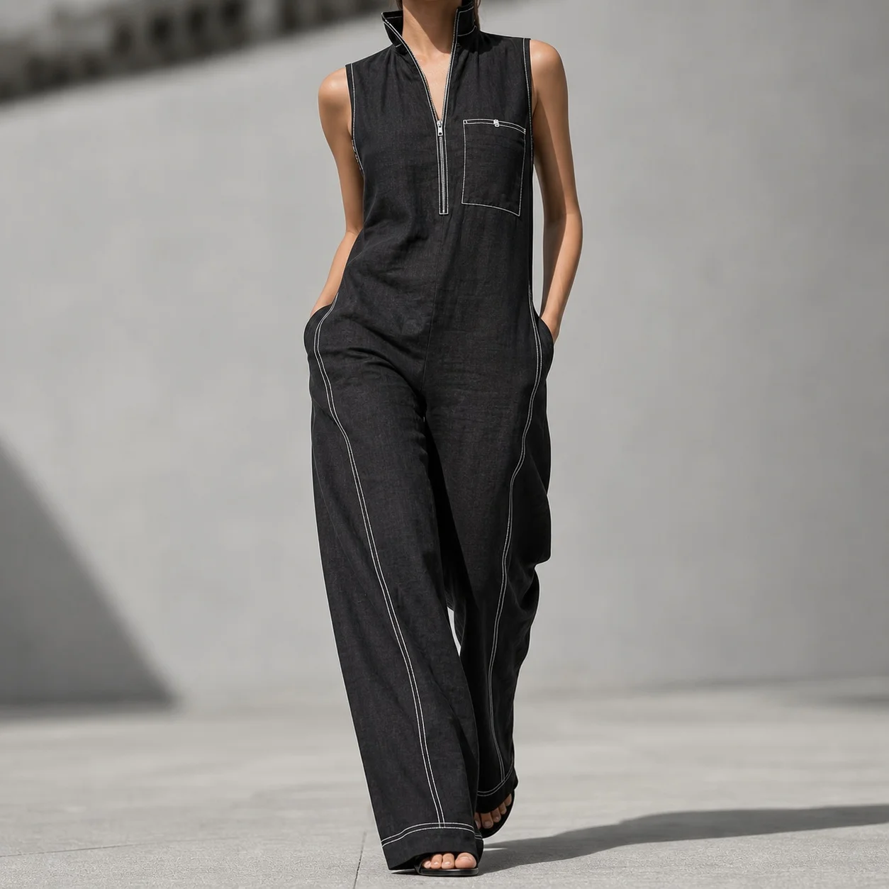 Women's Sleeveless Wide Leg Mid Waist Zipper Patchwork Jumpsuit Overalls For Women With Stand Collar Half Zip Front Contrast