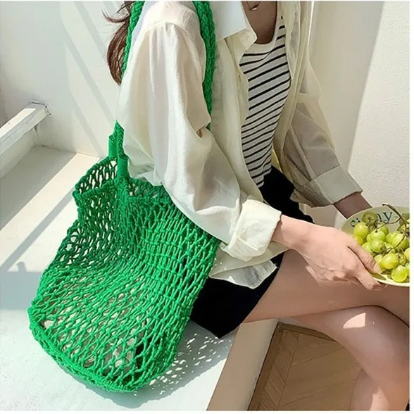 Fashion New Luxury Woven Straw Bag Hollow Shoulder Bags Large Capacity Tote Handmade bag Cotton Linen Net bags Beach Holiday sac