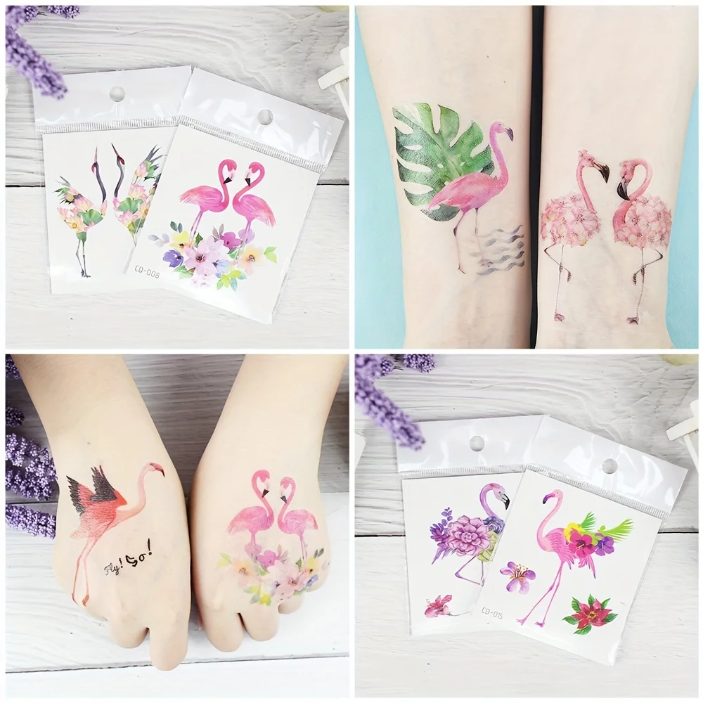 15 Sheets Pink Flamingo Temporary Tattoos Long Lasting Waterproof Colorful Cartoon Designs for Birthday Parties Summer Vacations