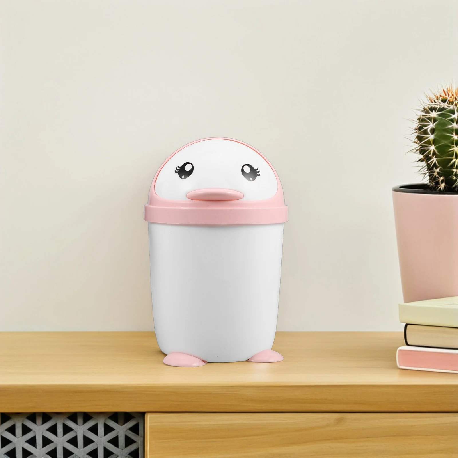 

2pcs Mini Cute Penguin Trash Can Desktop Garbage Bin Small Capacity Detachable Design Desk Organizer Plastic Bin