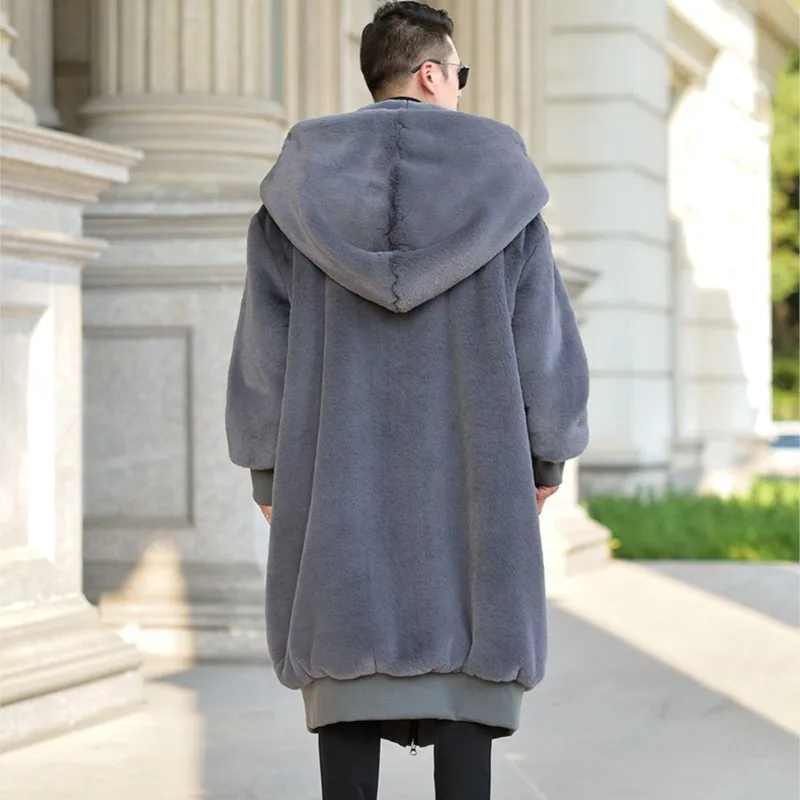 Oversized Loose Man\'s Long Fur Coat Faux Rabbit Fur Hooded Jacket Large Size Pockets Zipper Thick Warm Winter X-long Overcoat