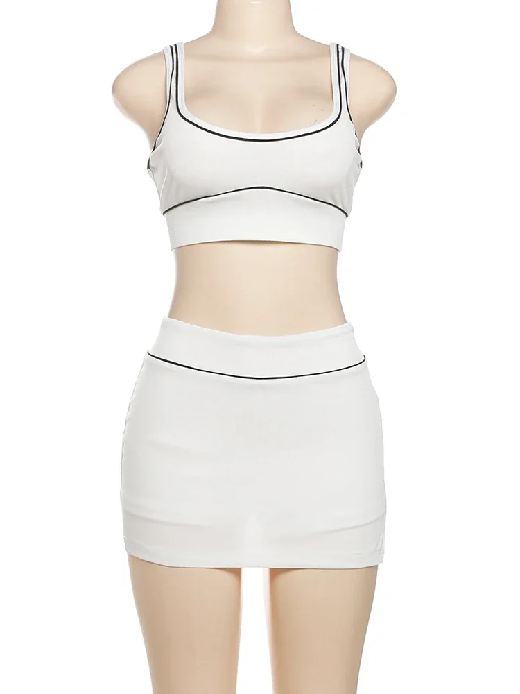 

Casual Ribbed 2 Piece Set Women Black String Patchwork Tank Tops+Side Split Shorts Skirts Fashion Simple Classic Suit