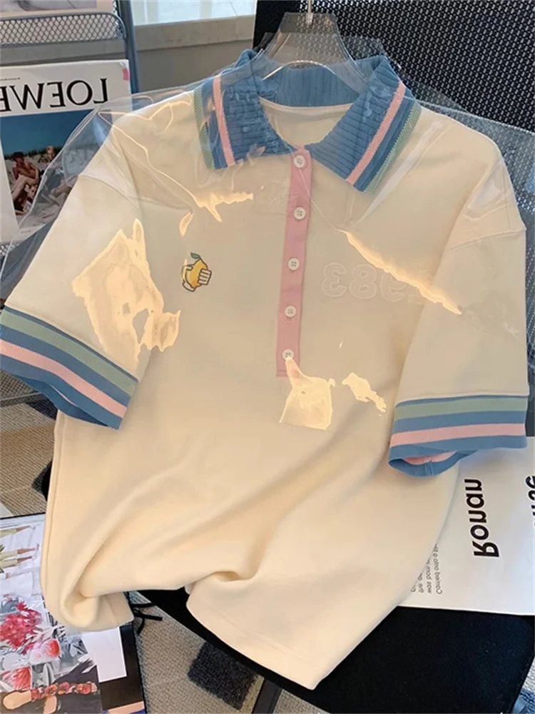 

Japanese Sle Sweet Dopane Color Blo Collar ort Sve T-irt ex Summer Faion Design Loose Ele Top