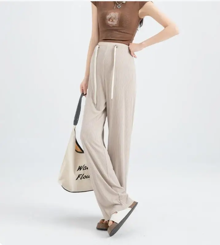 2024 Summer Drawstring High Waist Maternity Trousers Loose Casual Ice Silk Sunscreen Women Pants Floor-length Pregnancy Pants