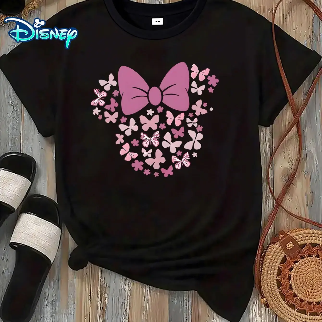 

Женская повседневная футболка с коротким рукавом Disney Minnie Mouse, розовым бантом и цветочным узором